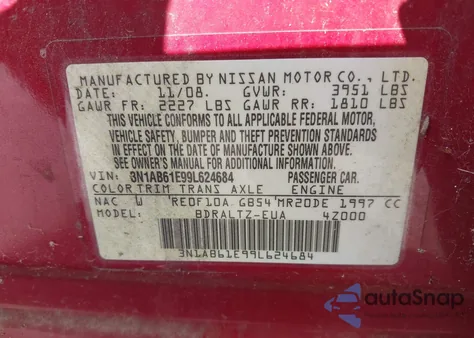 2009 Nissan Sentra 2.0S z USA, uszkodzony, nr VIN 3N1AB61E99L624684